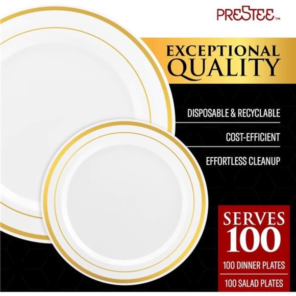 200pc Gold Plastic Plates -100Dinner Plates & 100 Salad Plates,White+Gold-Rimmed - Picture 6 of 7